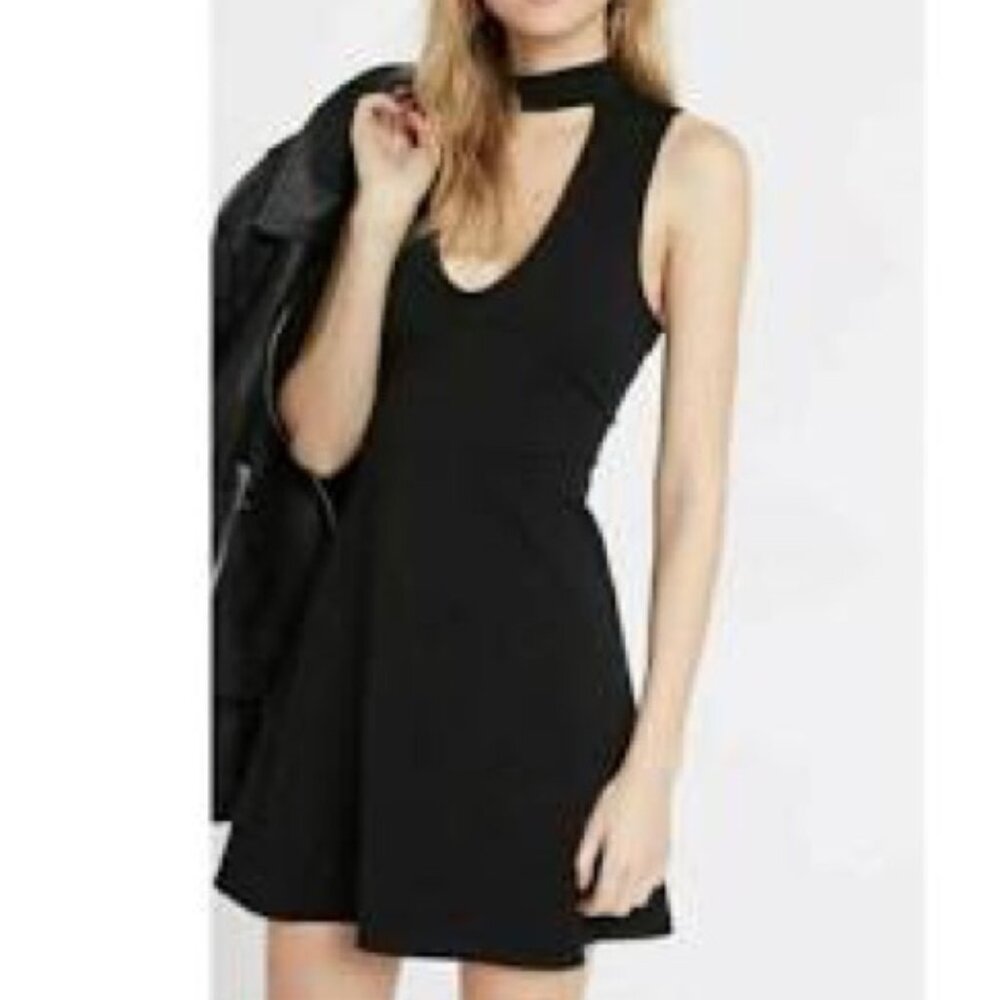 EXPRESS WOMEN'S FIT FLARE CHOKER BLACK SLEEVELESS MOCK SKATER DRESS XS NWT